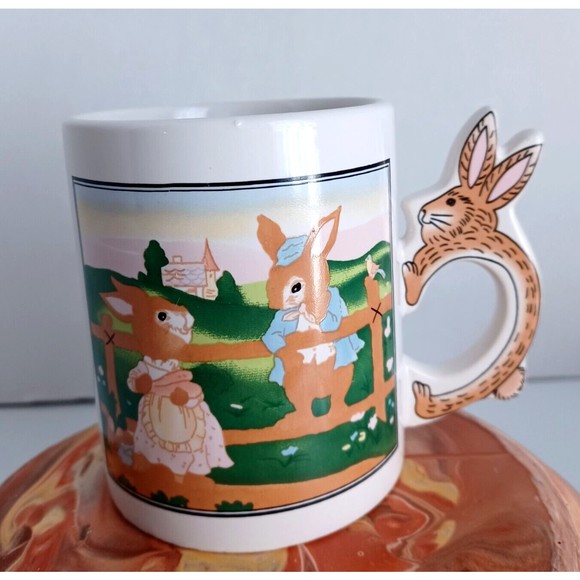 VTG Easter Mug Cup Anthropomorphic Bunny Rabbit Handle Easter Scene ArtMark - Picture 1 of 9